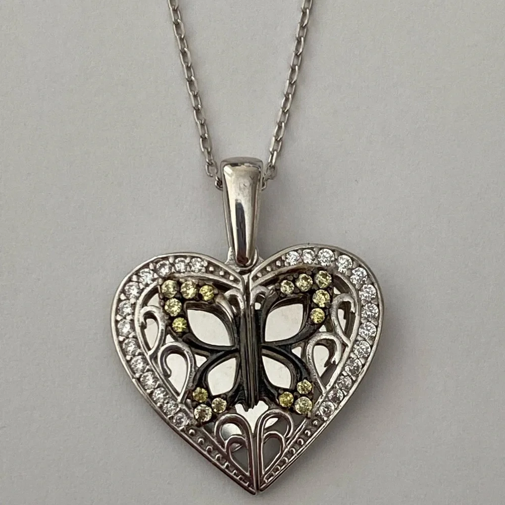 925 Silver butterfly heart initial double heart zirconia cz stones necklace
